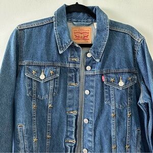 Levi Strauss dark denim Jean jacket gold stars embellishment